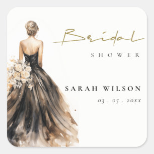 Black Blush Watercolor Wedding Gown Bridal Shower Square Sticker