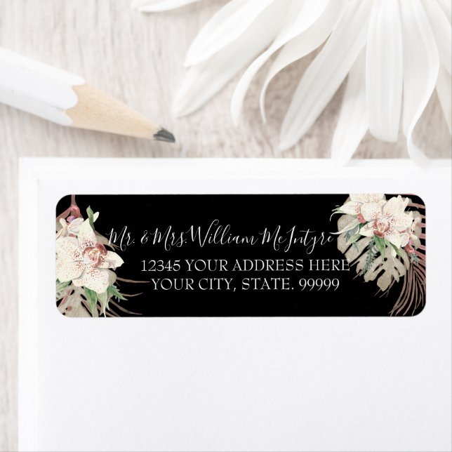 Black Blush White Floral Tropical Foliage Wedding Label (Insitu)
