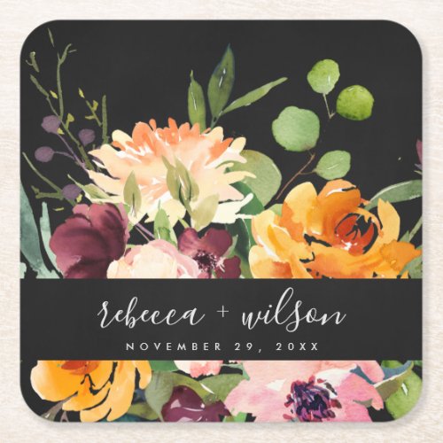 BLACK BLUSH YELLOW ORANGE FLORAL BUNCH WEDDING SQUARE PAPER COASTER