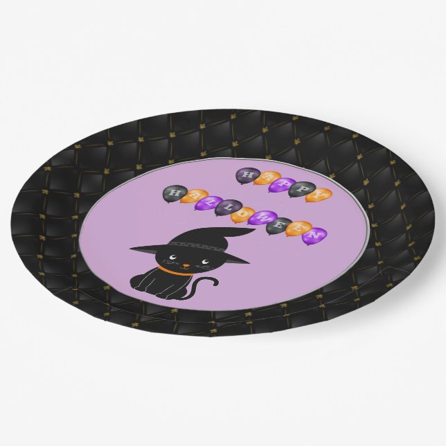 Black Boarder Black Cat Happy Halloween Balloons Paper Plates (Angled)