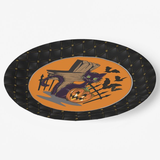 Black Boarder Black Cat Tombstone Bats Halloween Paper Plates (Angled)