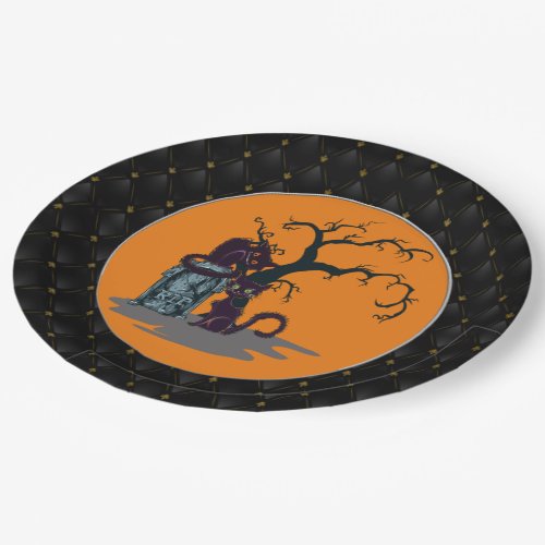 Black Boarder Black Cats Tombstone Tree Halloween Paper Plates