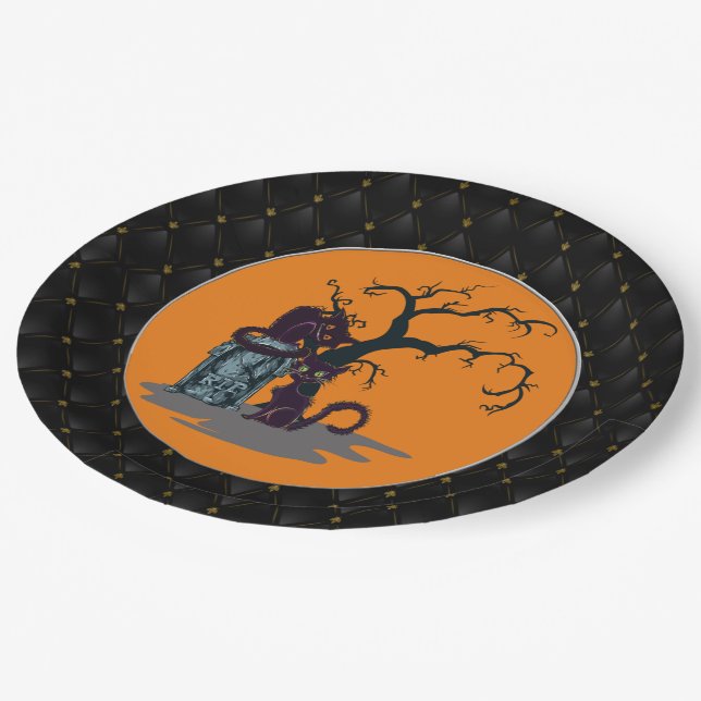 Black Boarder Black Cats Tombstone Tree Halloween Paper Plates (Angled)