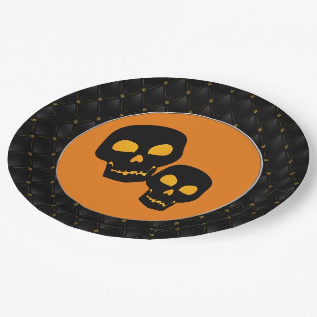 Black Boarder Black Skulls Halloween Paper Plates (Angled)