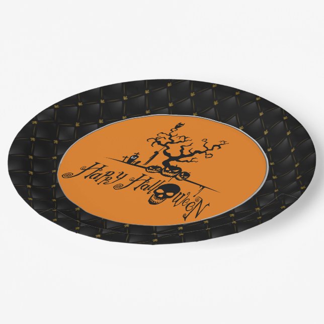 Black Boarder Happy Halloween Grave Yard Paper Plates (Angled)