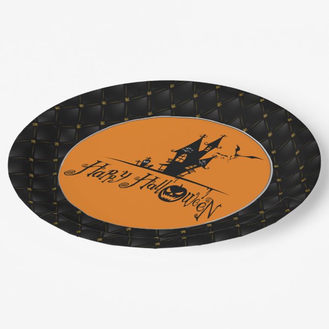 Black Boarder Happy Halloween Haunted House Paper Plates (Angled)