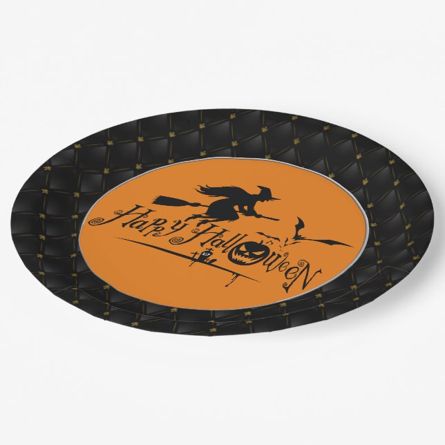 Black Boarder Happy Halloween Witch And Bats Paper Plates (Angled)