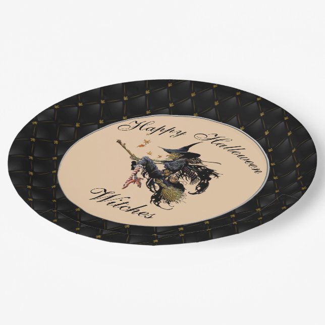 Black Boarder Happy Halloween Witches Broom Paper Plates (Angled)