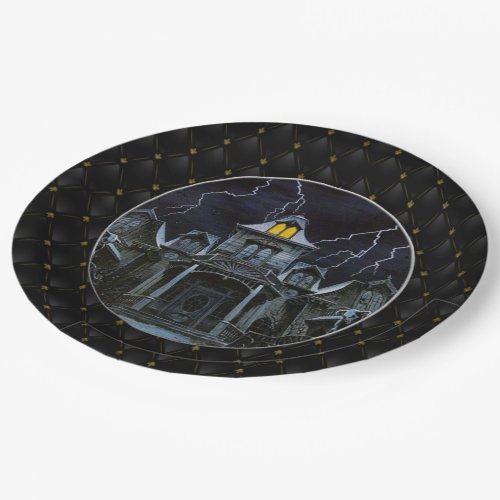 Black Boarder Haunted House Halloween Paper Plates