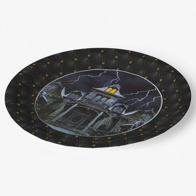 Black Boarder Haunted House Halloween Paper Plates (Angled)