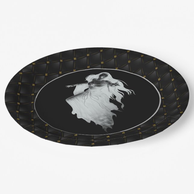 Black Boarder Lady In White Ghost Halloween Paper Plates (Angled)