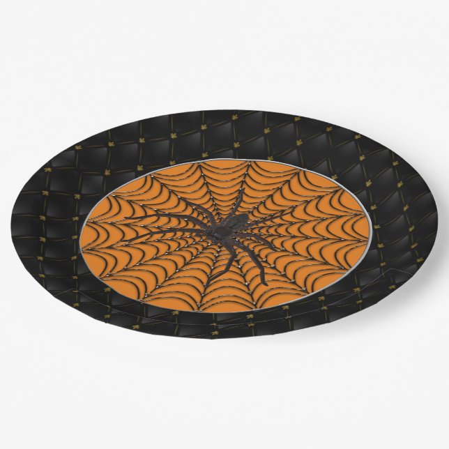Black Boarder Spider Web Black Spider Halloween Paper Plates (Angled)