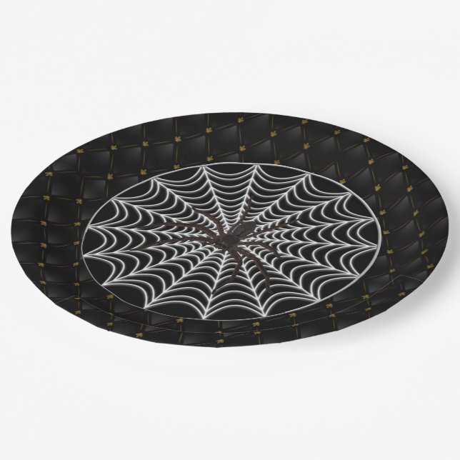 Black Boarder White Spider Web And Black Spider Paper Plates (Angled)
