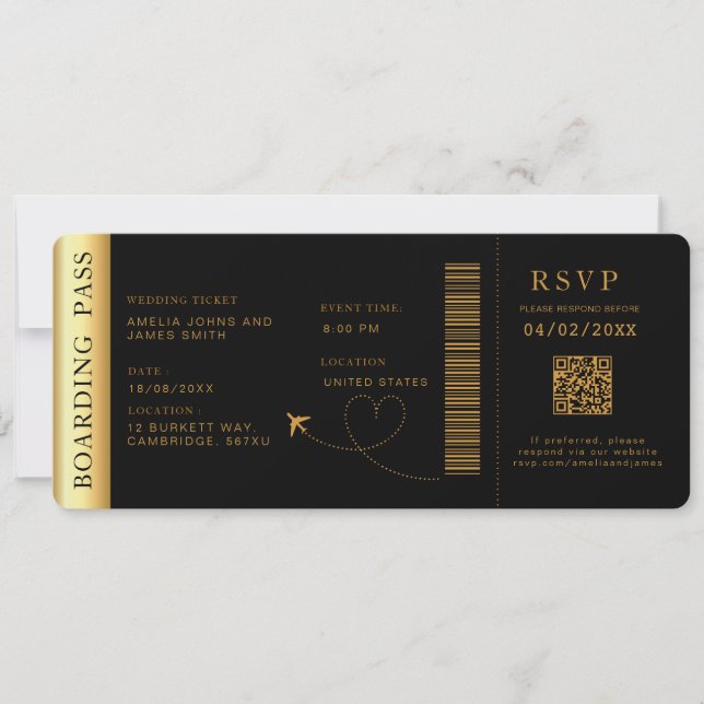 Black Boarding Pass Destination wedding QR code  Invitation (Front)