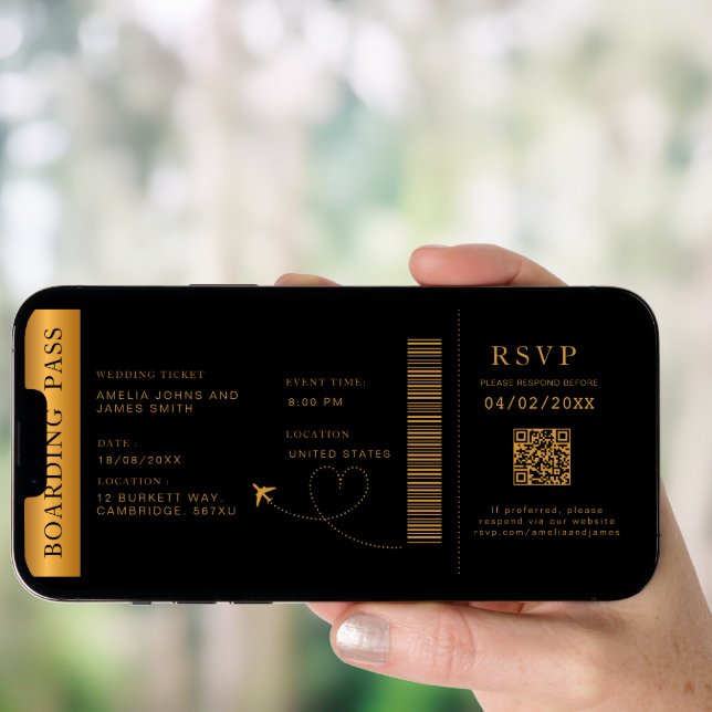 Black Boarding Pass Destination wedding QR code  Invitation (Front Digital)