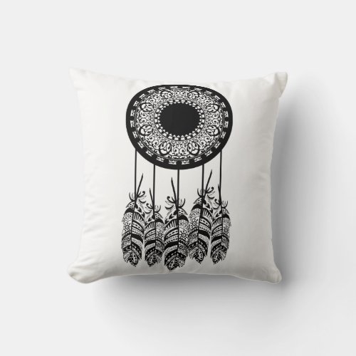 Black Bohemian Mandala Dream Catcher Feathers Throw Pillow