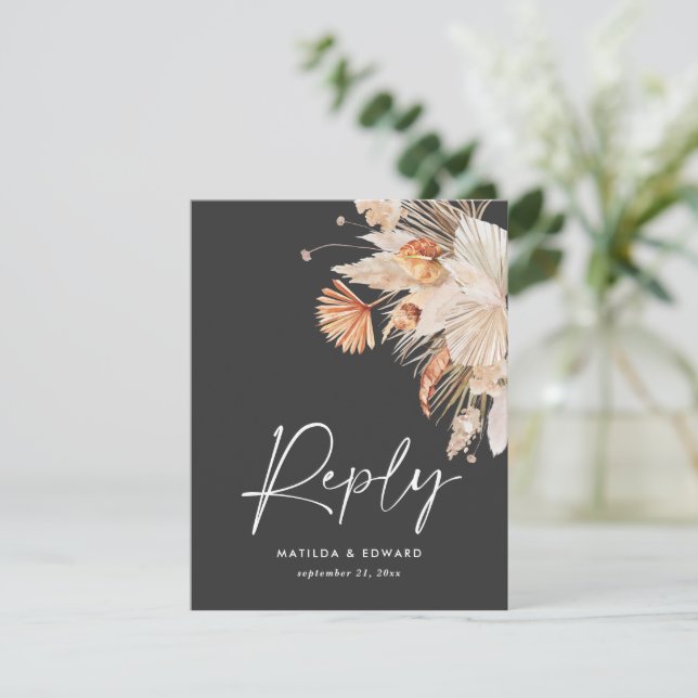 black bohemian pampas grass modern RSVP  Card (Standing Front)