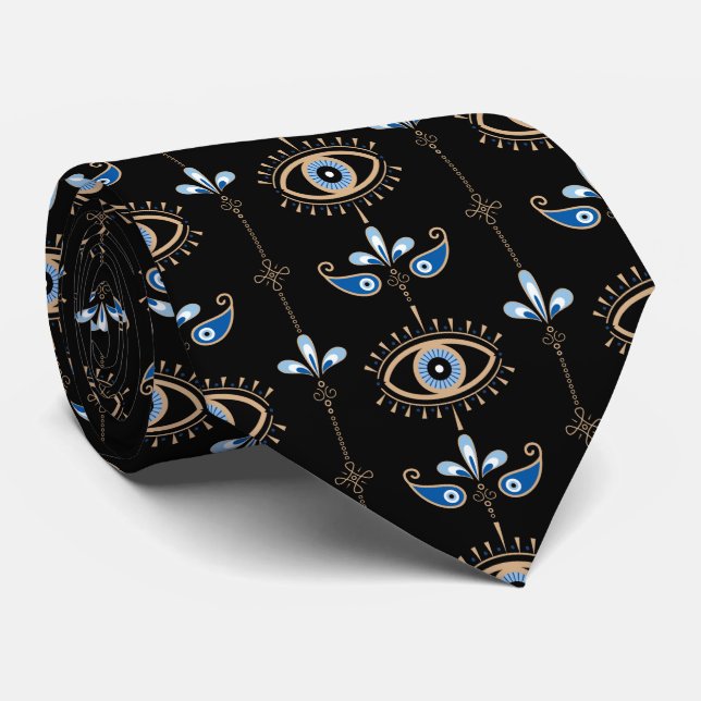 Black bohemian retro evil eye pattern neck tie (Rolled)
