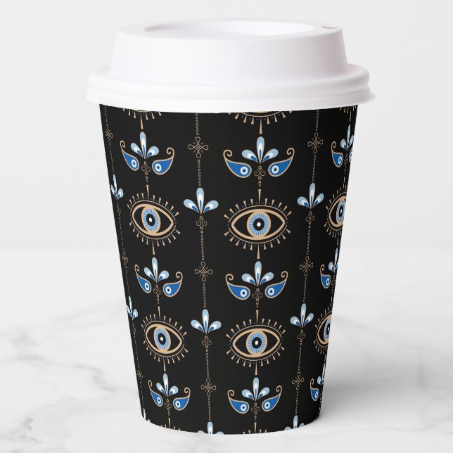 Black bohemian retro evil eye pattern paper cups (Front)