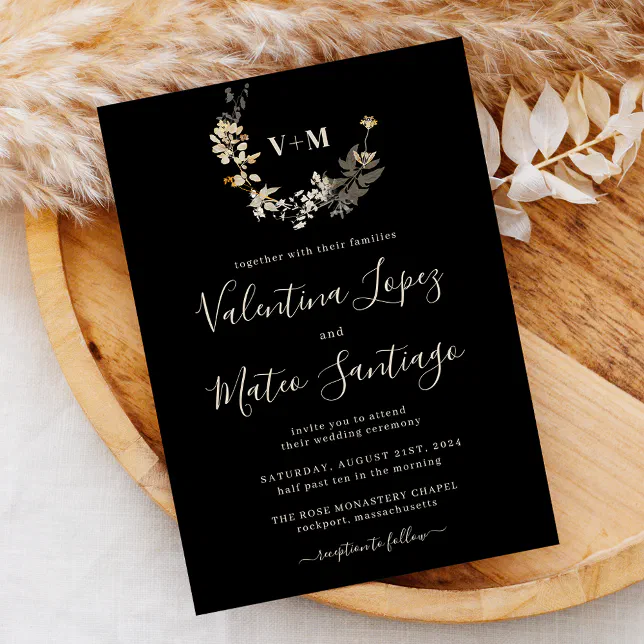 Black Boho Botanical Foliage Monogram Wedding Invi Invitation | Zazzle