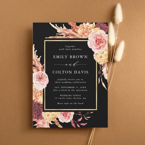 Black Boho Burgundy Terracotta Floral Wedding Invitation