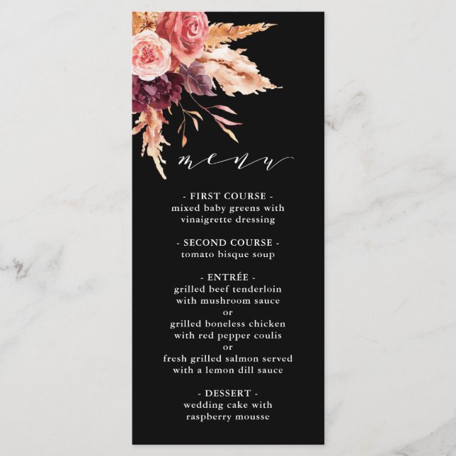 Black Boho Burgundy Terracotta Floral Wedding Menu (Front)