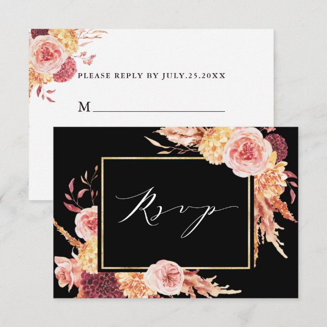 Black Boho Burgundy Terracotta Floral Wedding RSVP Card (Front/Back)