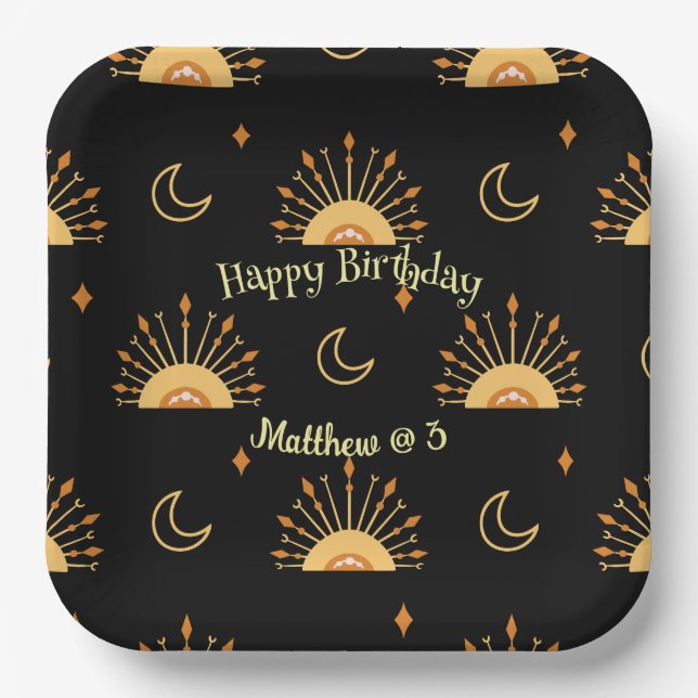 Black Boho Celestial Seamless Pattern Birthday Paper Plates (Front)