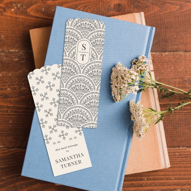 Black Boho Chic Scallop Pattern Monogram Bookmark (Creator Uploaded)