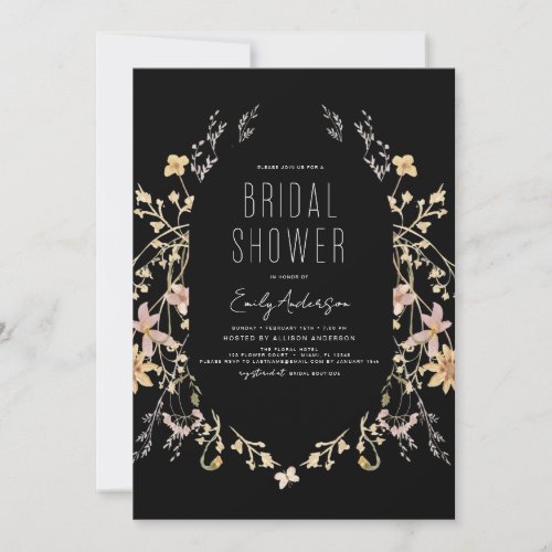 Black Boho Chic Wildflower Bridal Shower Elegant Invitation
