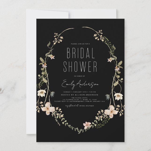 Black Boho Chic Wildflower Bridal Shower Invitation (Front)