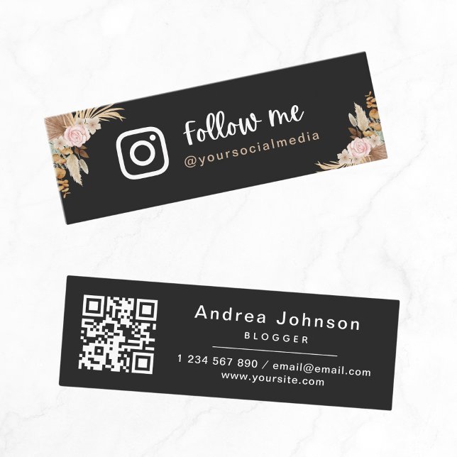Black Boho Dried Pampas Grass Follow Me QR Code Mini Business Card (Creator Uploaded)