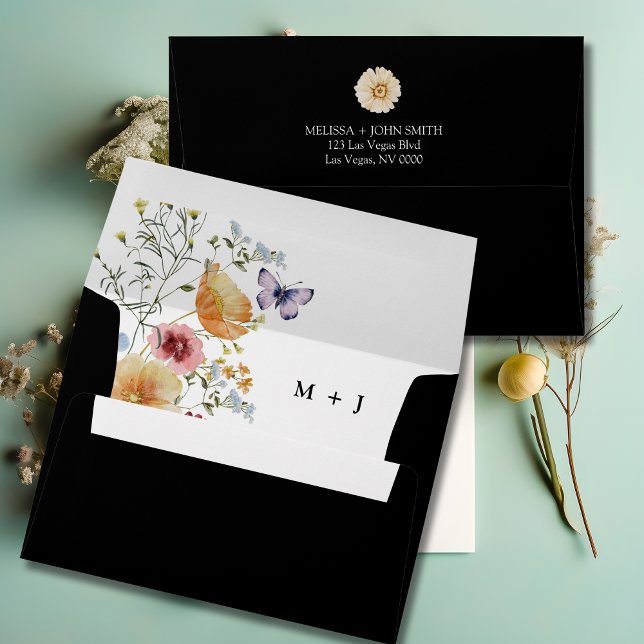 Black Boho Elegant Wildflower Wedding  Envelope (Creator Uploaded)