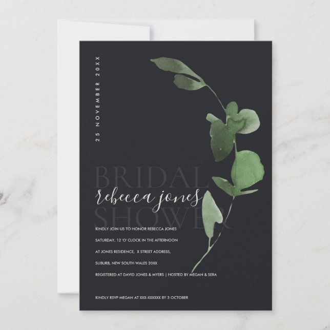 BLACK BOHO EUCALYPTUS FOLIAGE BRIDAL SHOWER INVITE (Front)