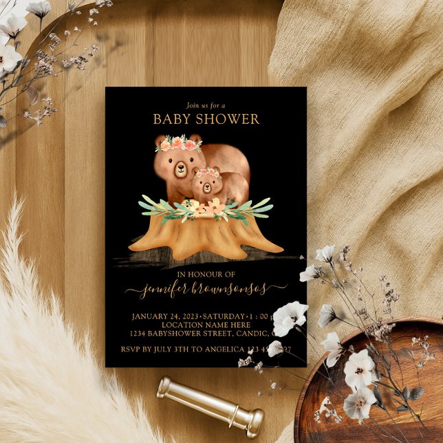 Black Boho Family Bear Mommy Baby Shower Invitation (Creator Uploaded)