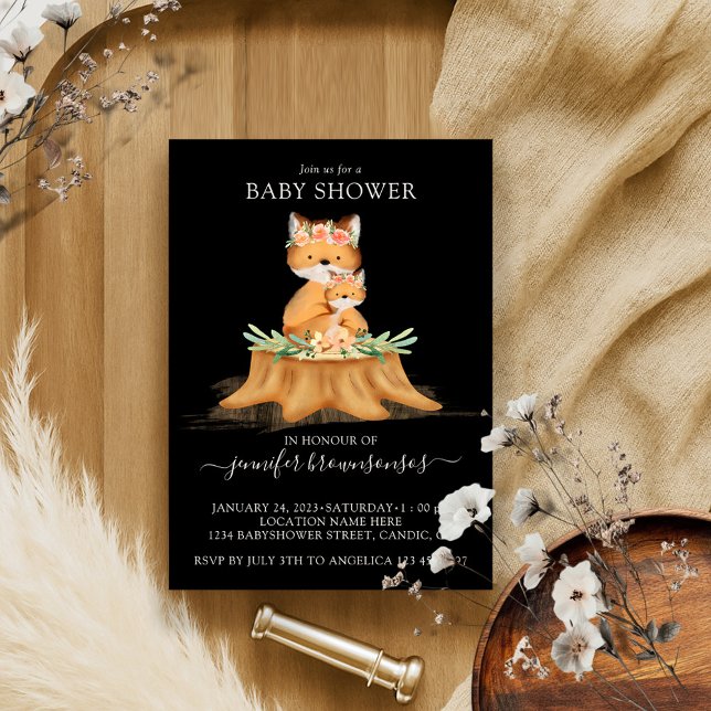 Black Boho Family Fox Mommy Baby Shower Invitation (Creator Uploaded)