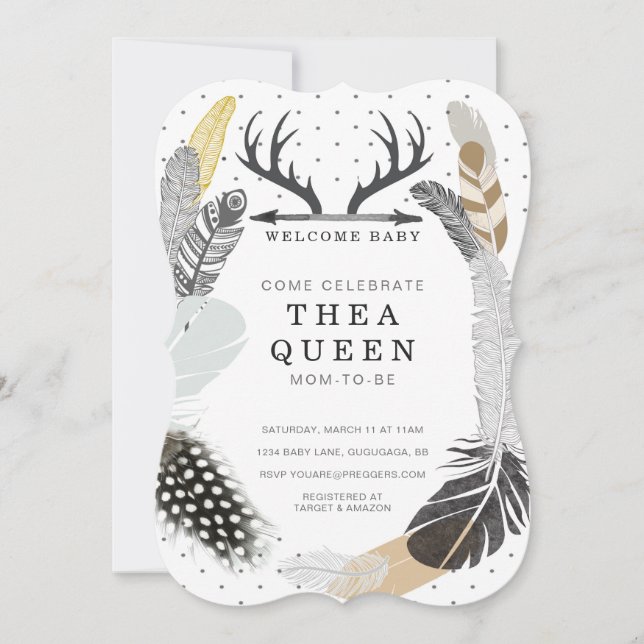 Black Boho Feather Baby Shower Invite (Front)