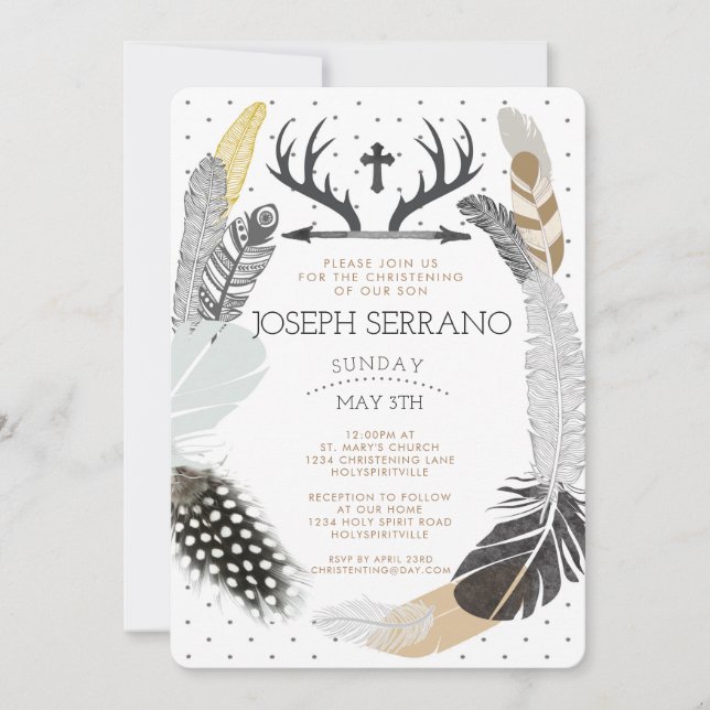 Black Boho Feather Christening Invitation (Front)