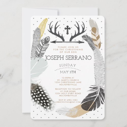 Black Boho Feather Christening Invitation