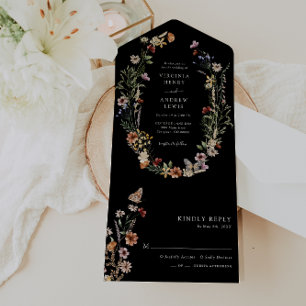 Black Boho Floral All in One Wedding Invite