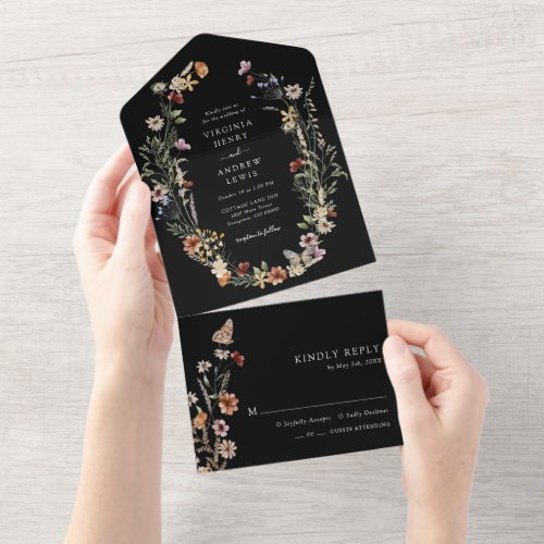 Black Boho Floral All in One Wedding Invite