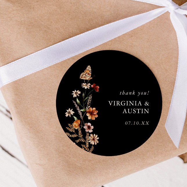 Black Boho Floral Classic Round Sticker (Black Boho Floral Classic Round Sticker with Butterfly by Painted Paperie
)