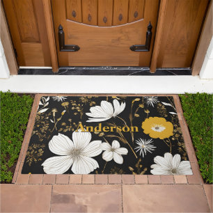 Black Boho Floral Garden Doormat
