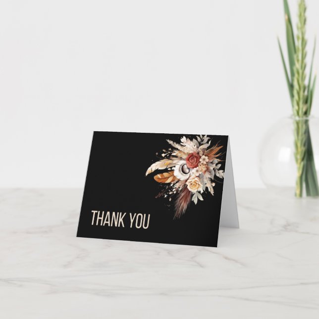 Black Boho Floral Letterpress Thank You Card (Front)