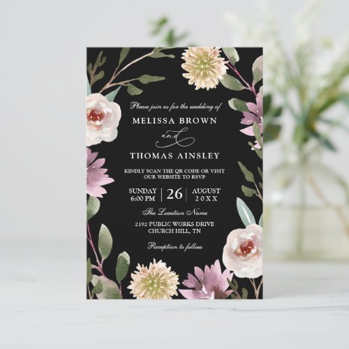 Black Boho Floral Modern Budget QR Code Wedding Invitation