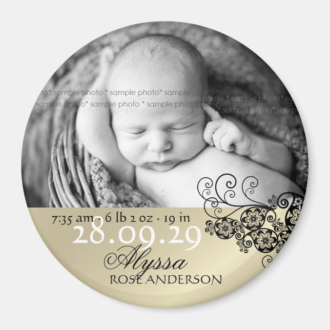 Black Boho Floral Paisley Birth Announcement Photo Magnet (Front)