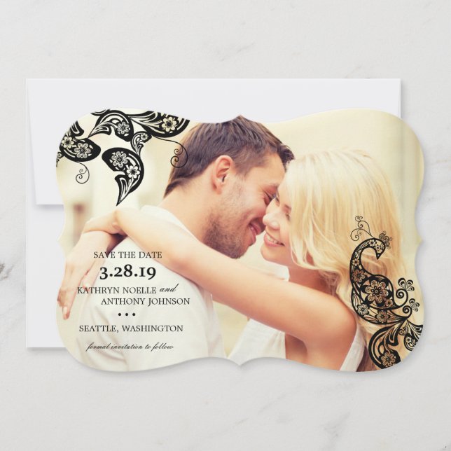 Black Boho Floral Peacock Photo Save The Date Card (Front)