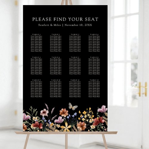 Black Boho Floral Seating Chart Foam Board