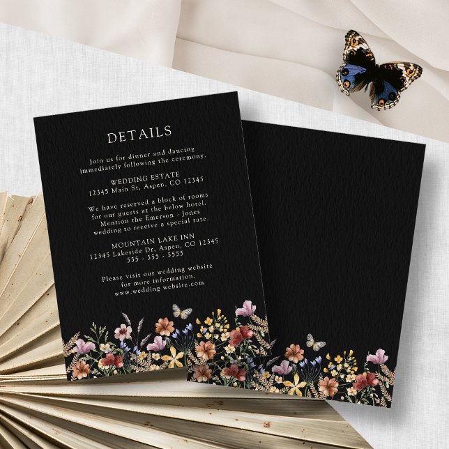 Black Boho Floral Wedding  Enclosure Card (Moody Black Boho Floral Wedding Enclosure Card with Butterfly by Painted Paperie
)
