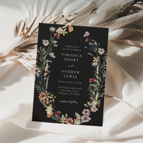 Black Boho Floral Wedding Invitation